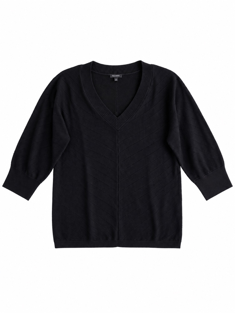 Talbots Black V-Neck Sweater Pointelle Knit 3/4 Sleeve Preppy Top Size Medium